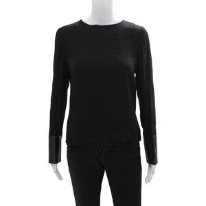 Nellie Partow Womens Leather Contrast Trim Long Sleeves Blouse Black Size Small